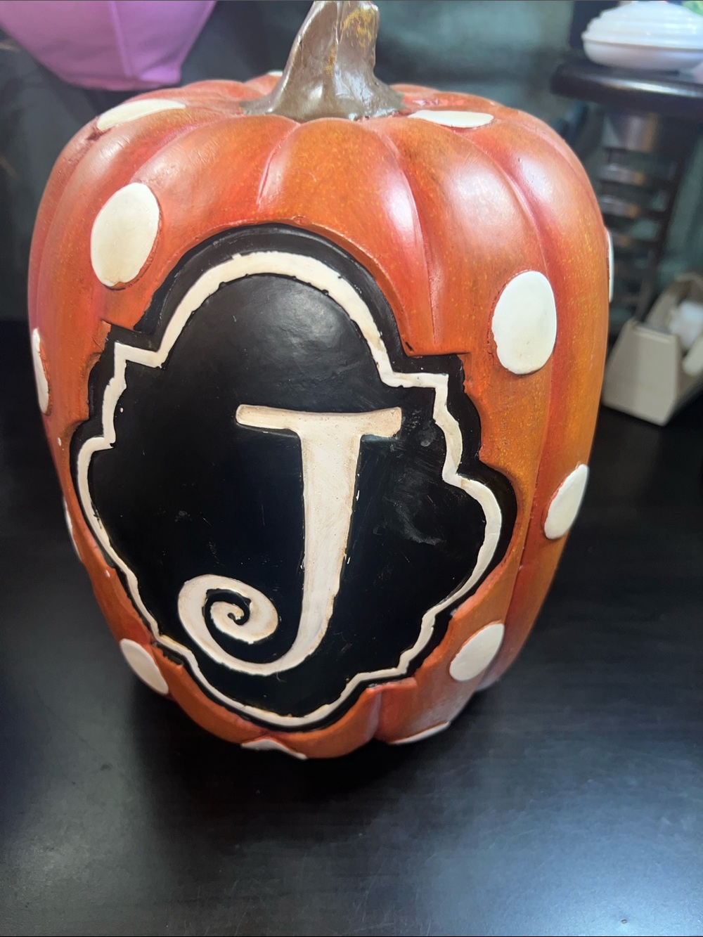 Kirkland's Ceramic Orange and Black Monogram (J)Pumpkin Decor with Polka Dots
